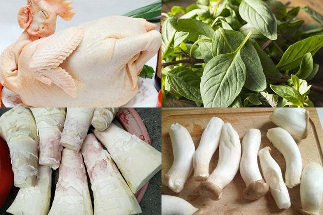 nguyên liệu lẩu gà lá quế măng nấm
